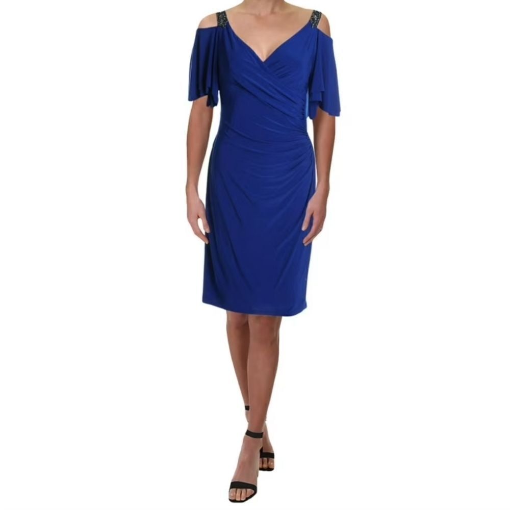 Lauren Ralph Lauren 6 NavyBlue Drap SilverSequinShouldβJersey Formal Women Dress